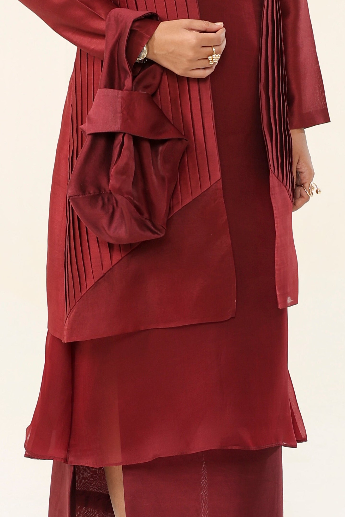 Garnet Maroon Pleated 4-Piece Ensemble - fabric and embroidery detail | Essence by Monika