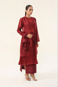 Garnet Maroon Pleated Chanderi + sheer Organza Co-ord Set - front view | Essence by Monika