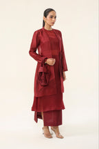 Garnet Maroon Pleated Chanderi + sheer Organza Co-ord Set - front view | Essence by Monika