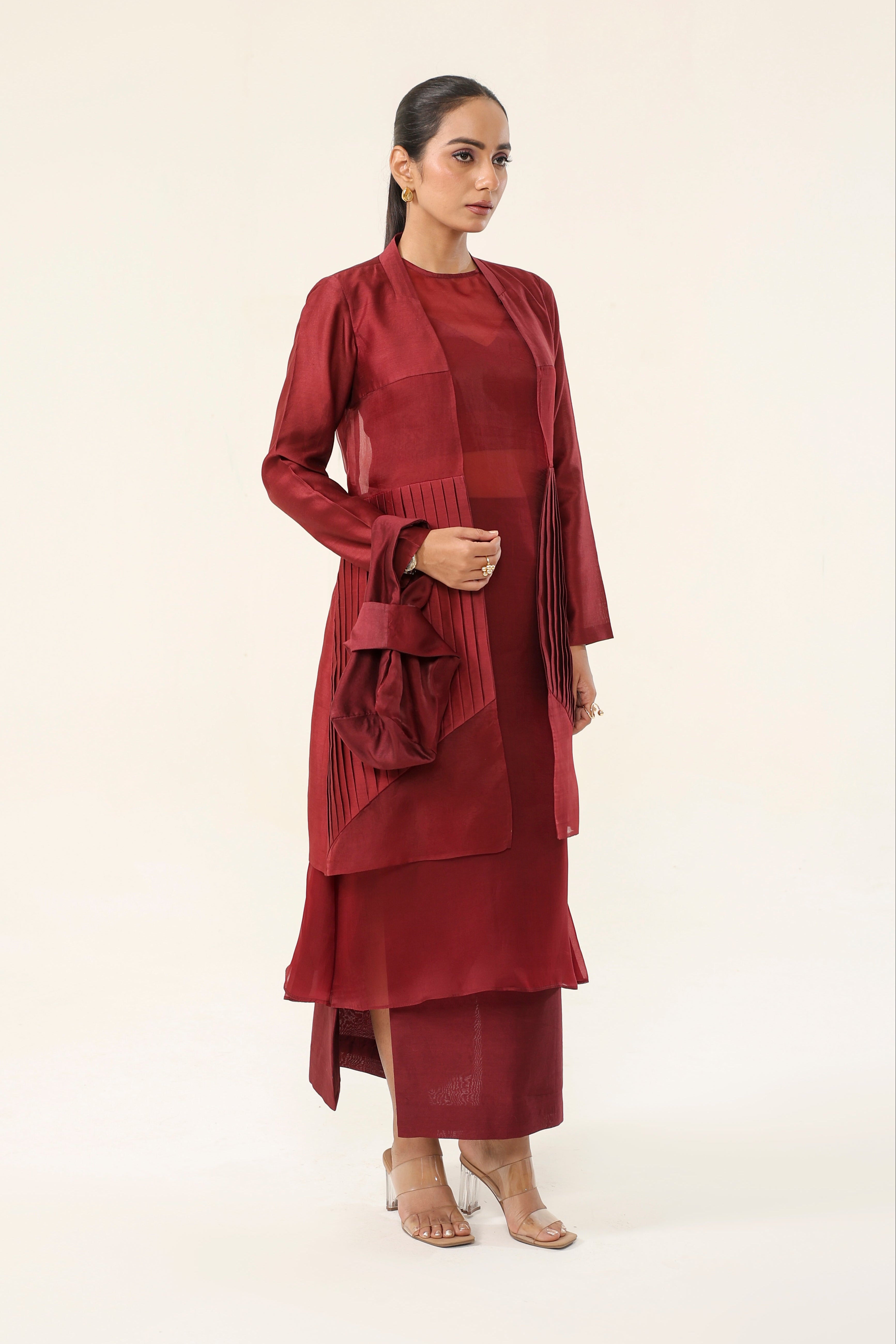 Garnet Maroon Pleated Chanderi + sheer Organza Co-ord Set - front view | Essence by Monika
