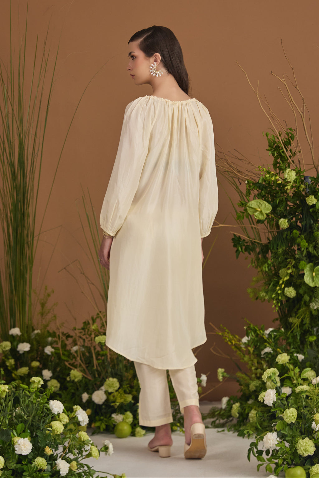 Gathered-Neck Habotai Silk Long Kurta Set - back view | Essence by Monika
