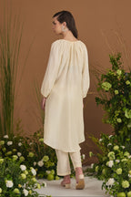 Gathered-Neck Habotai Silk Long Kurta Set - back view | Essence by Monika