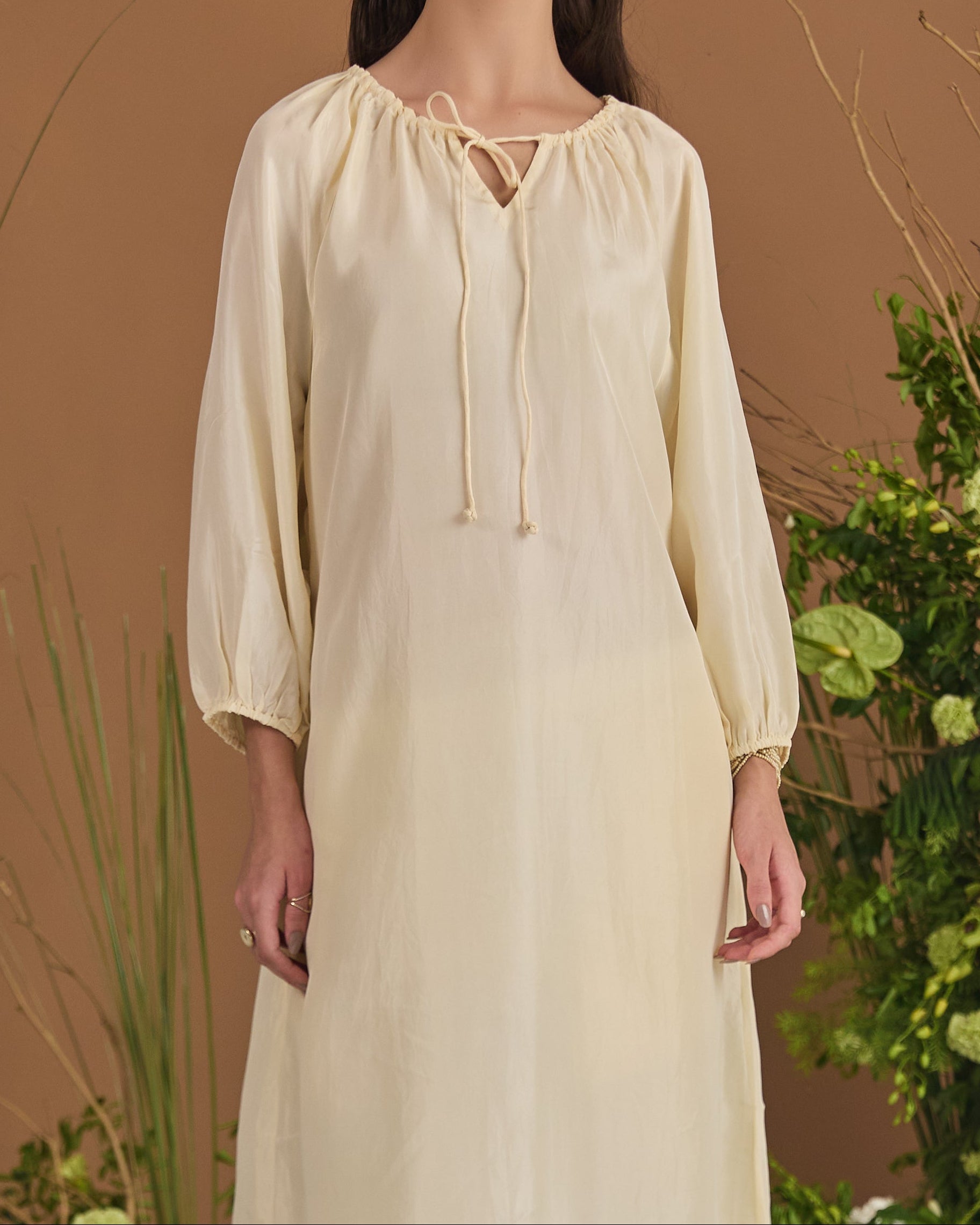 Gathered-Neck Habotai Silk Long Kurta Set - fabric and embroidery detail | Essence by Monika