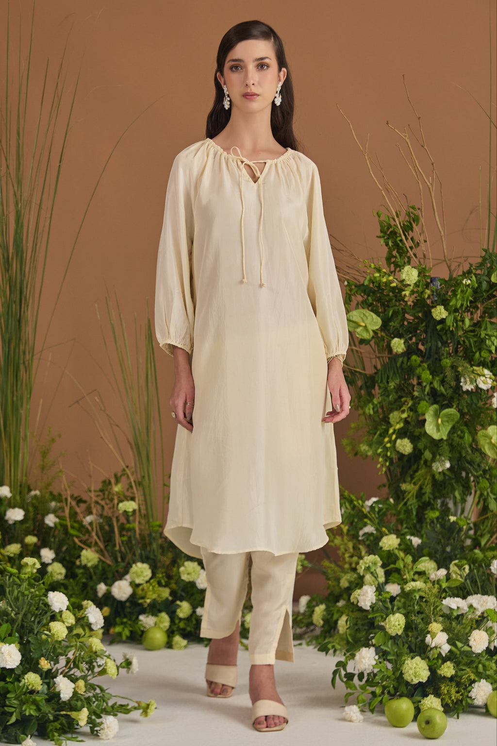 Champagne 100% pure Habotai silk Kurta Set - front view (closed dori)| Essence by Monika