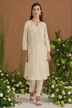 Champagne 100% pure Habotai silk Kurta Set - front view (closed dori)| Essence by Monika