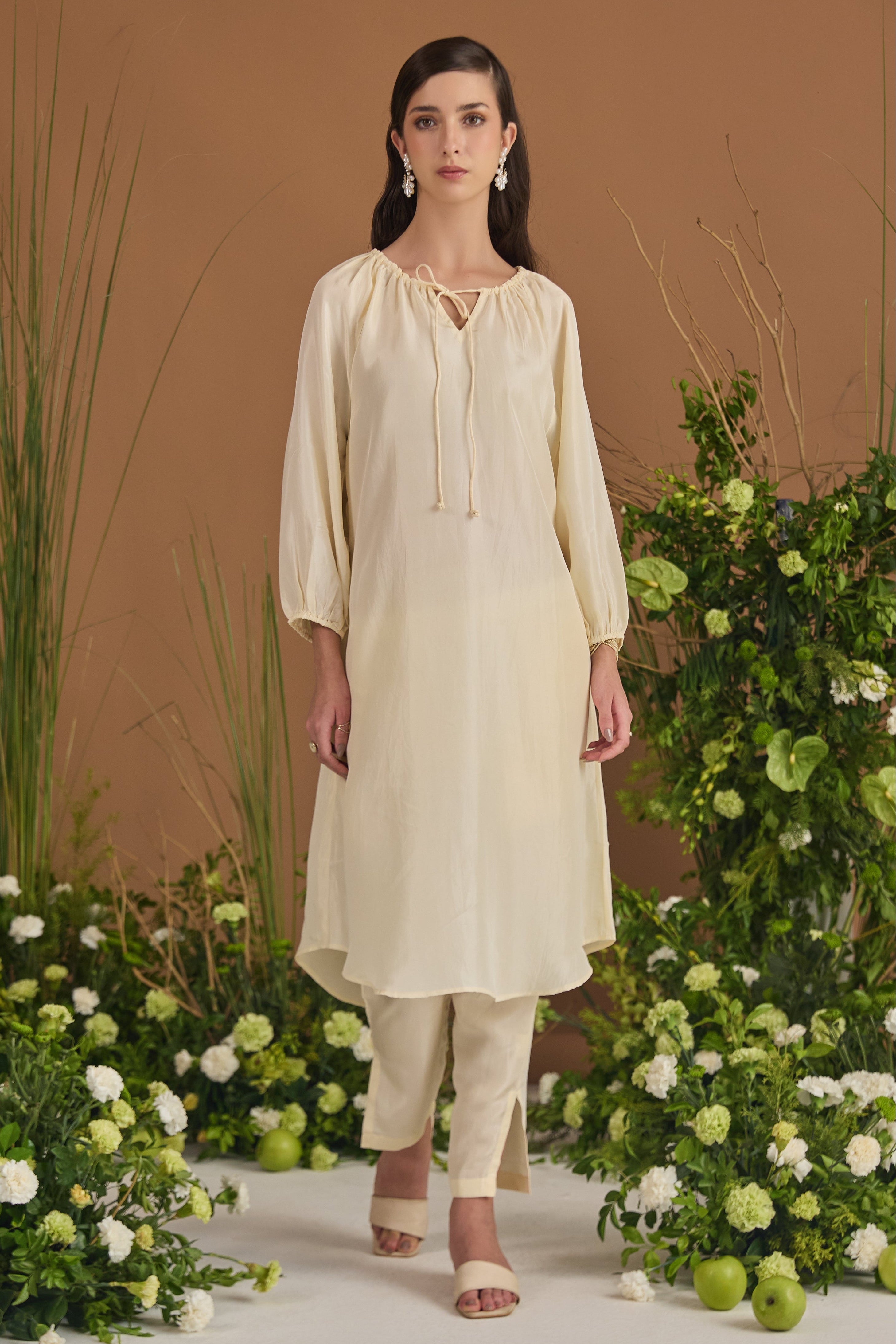 Champagne 100% pure Habotai silk Kurta Set - front view (closed dori)| Essence by Monika