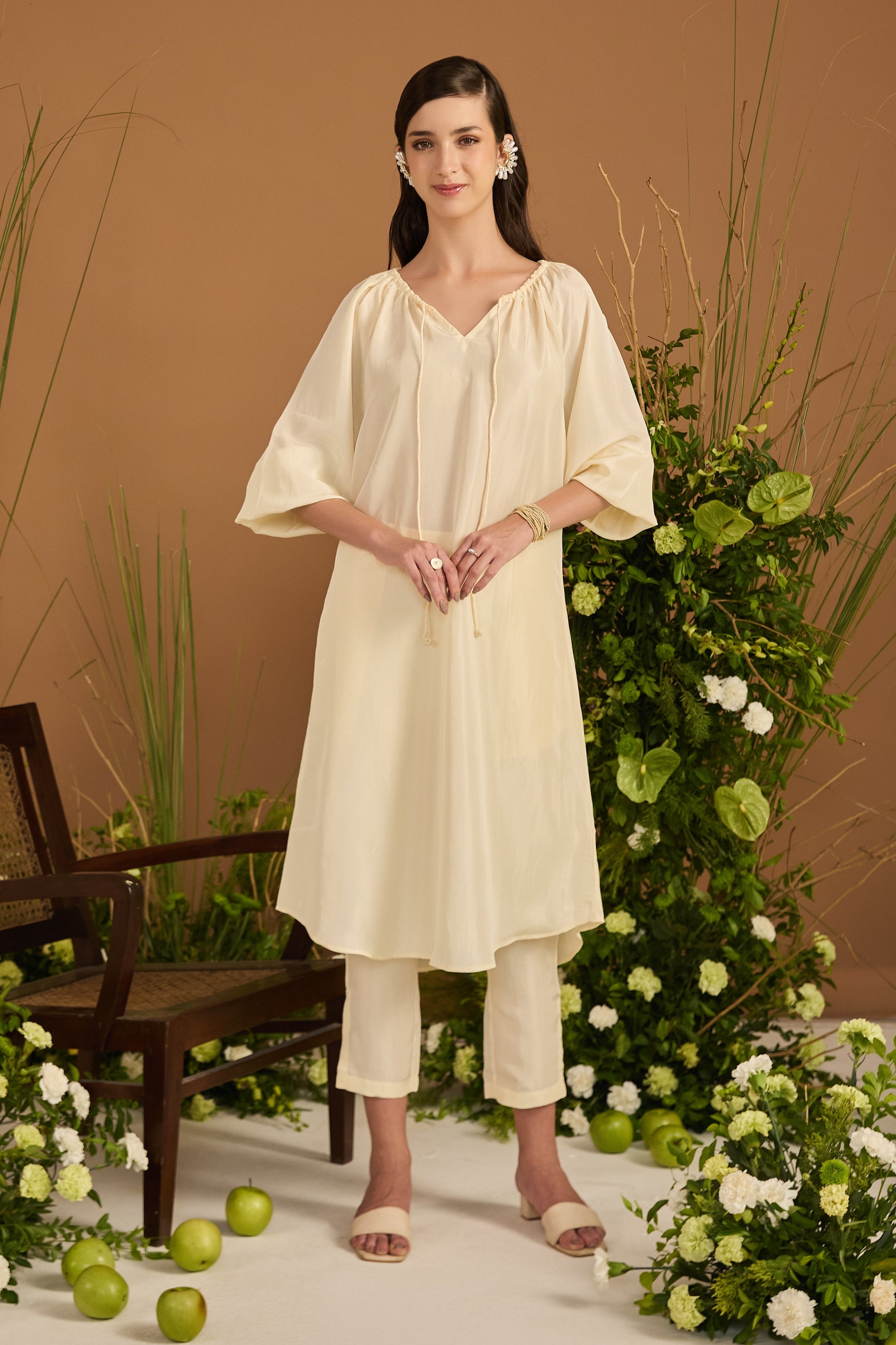 Champagne 100% pure Habotai silk Kurta Set - front view | Essence by Monika