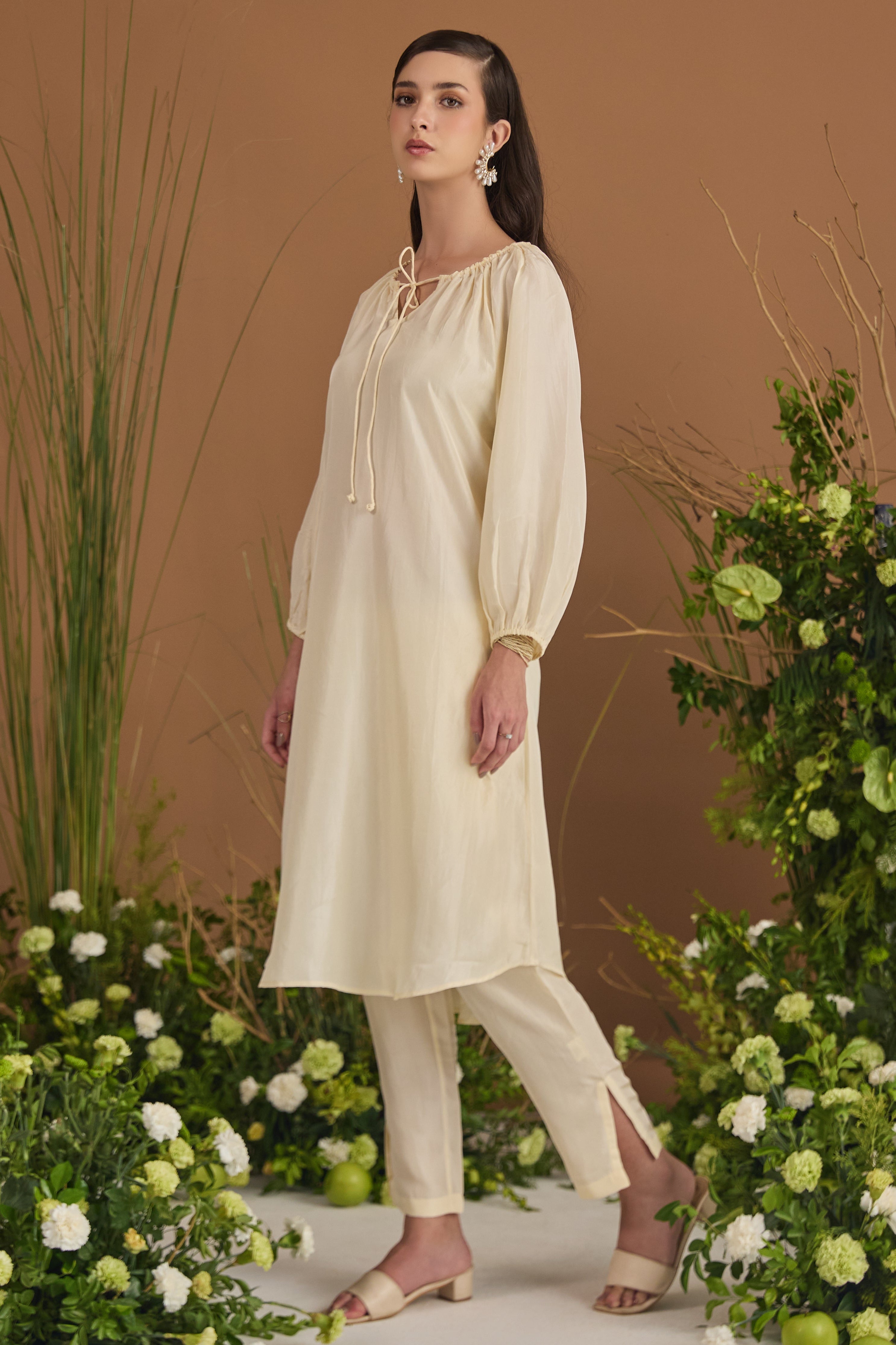 Champagne Kurta Set - side silhouette(closed dori) | Essence by Monika