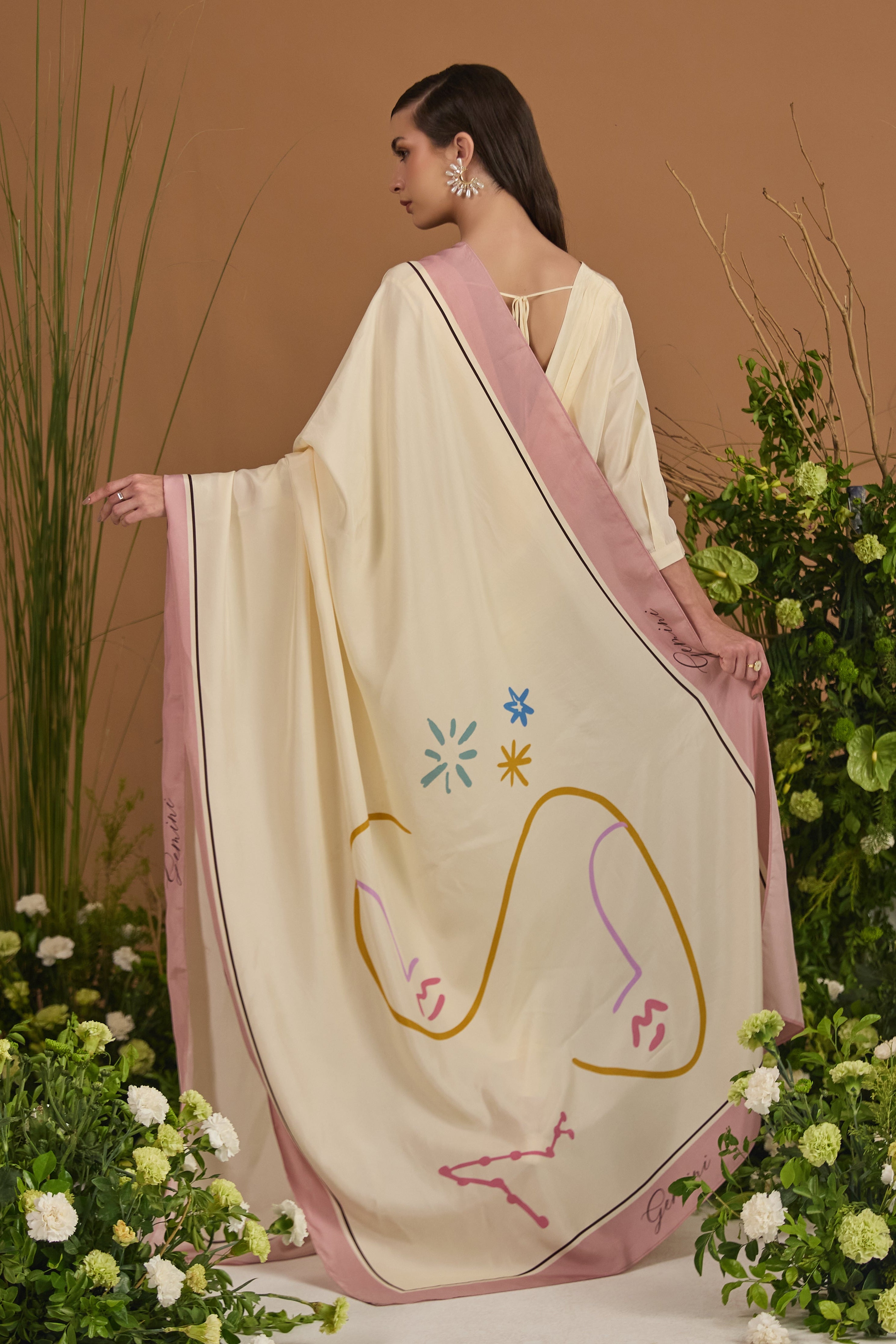 Gemini Habotai Silk Zodiac Dupatta - back view | Essence by Monika