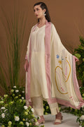 Champagne with pink border 100% pure Habotai silk Dupatta - front view | Essence by Monika