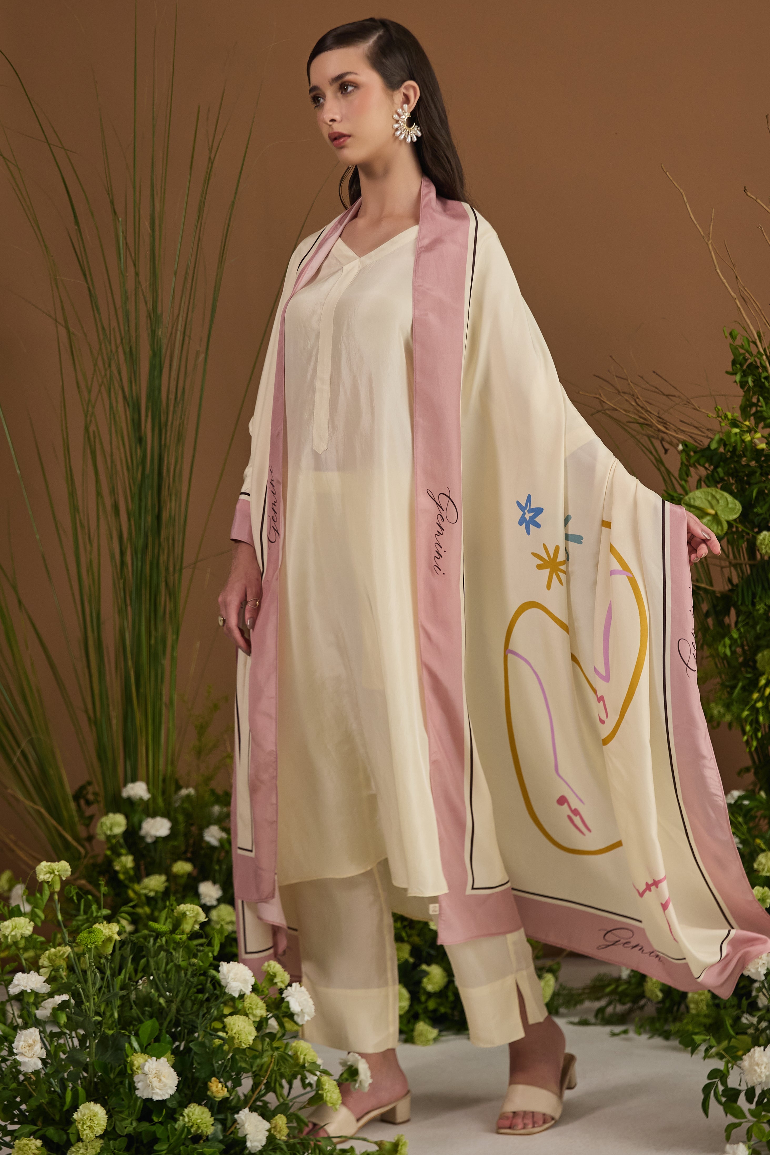 Champagne with pink border 100% pure Habotai silk Dupatta - front view | Essence by Monika