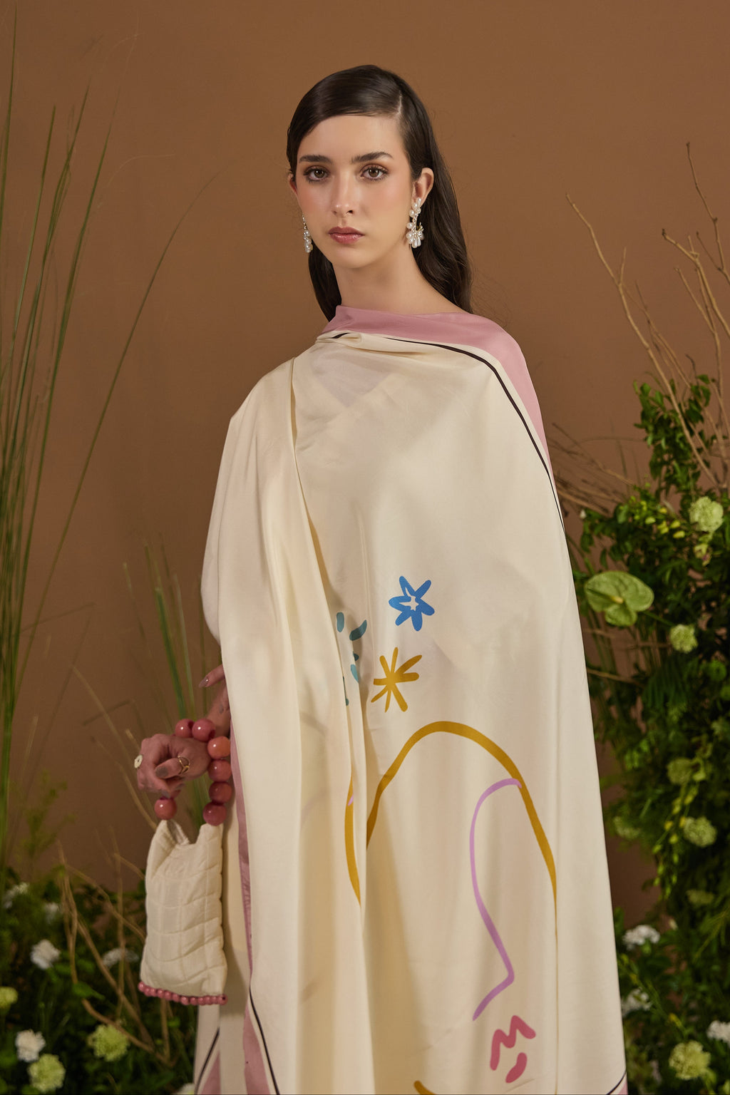 Champagne with pink border Dupatta - side silhouette | Essence by Monika