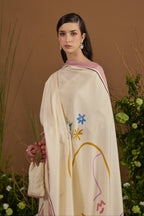 Champagne with pink border Dupatta - side silhouette | Essence by Monika