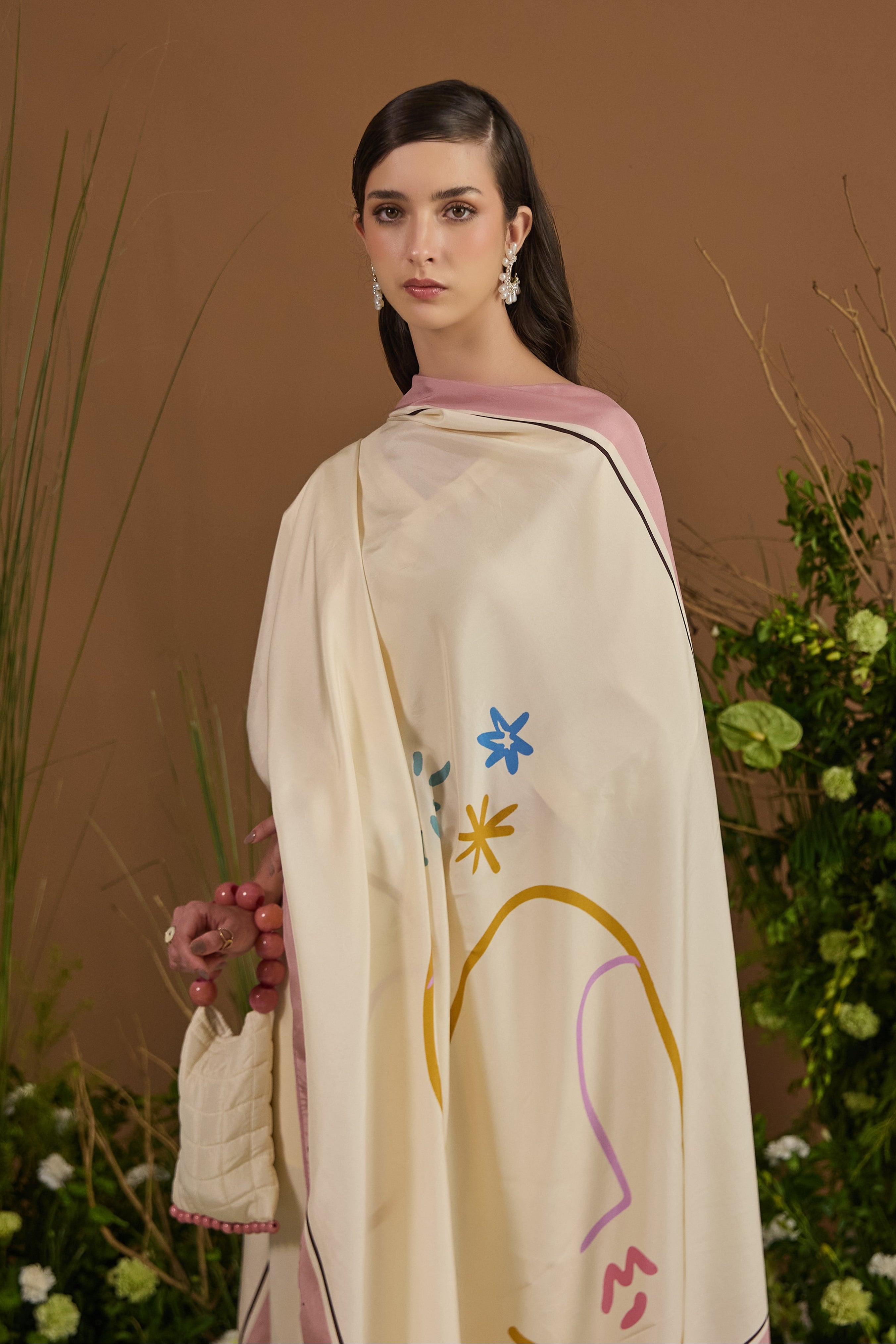 Champagne with pink border Dupatta - side silhouette | Essence by Monika