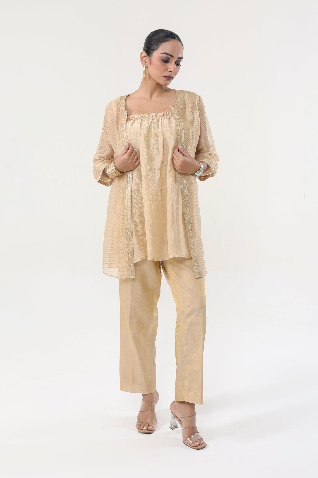 Gilded Fawn Chanderi + Crepe Tissue Co-ord Set - front view | Essence by Monika