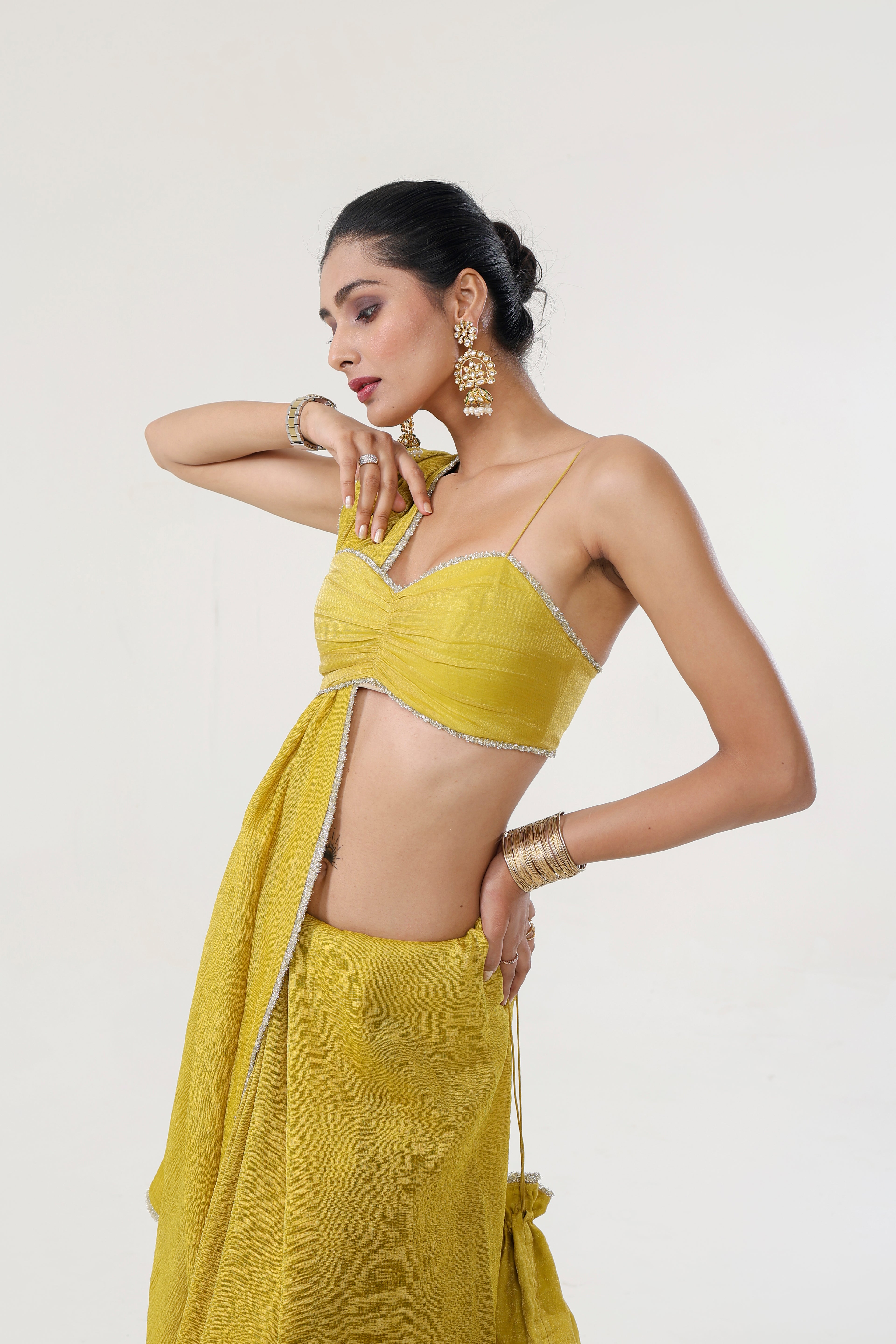 Gold Yellow Crushed Tissue Crepe Saree - fabric and embroidery detail | Essence by Monika