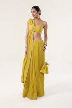 Gold Yellow Crushed Tissue Crepe + Gold Tissue Chanderi Saree - front view | Essence by Monika