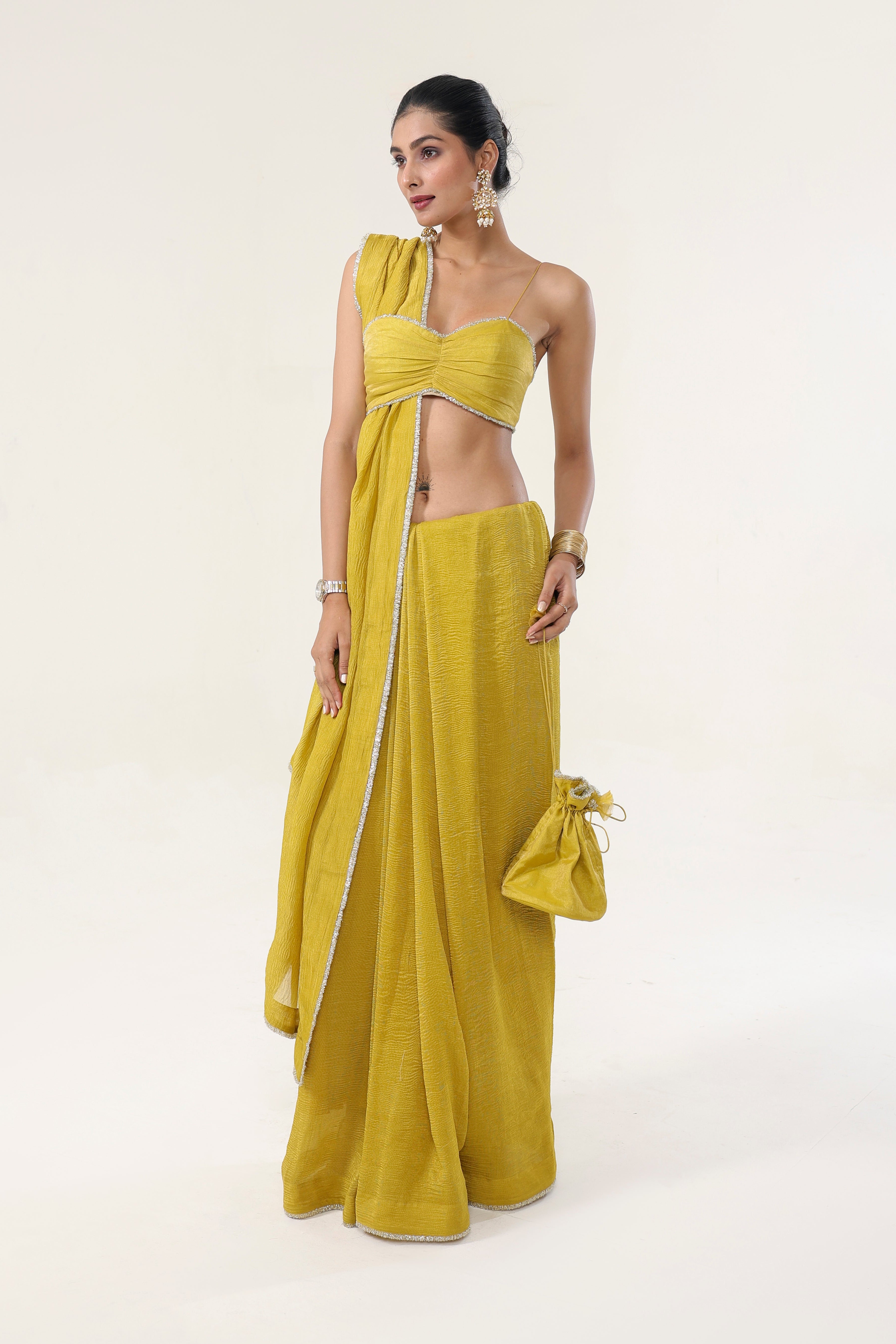 Gold Yellow Crushed Tissue Crepe + Gold Tissue Chanderi Saree - front view | Essence by Monika
