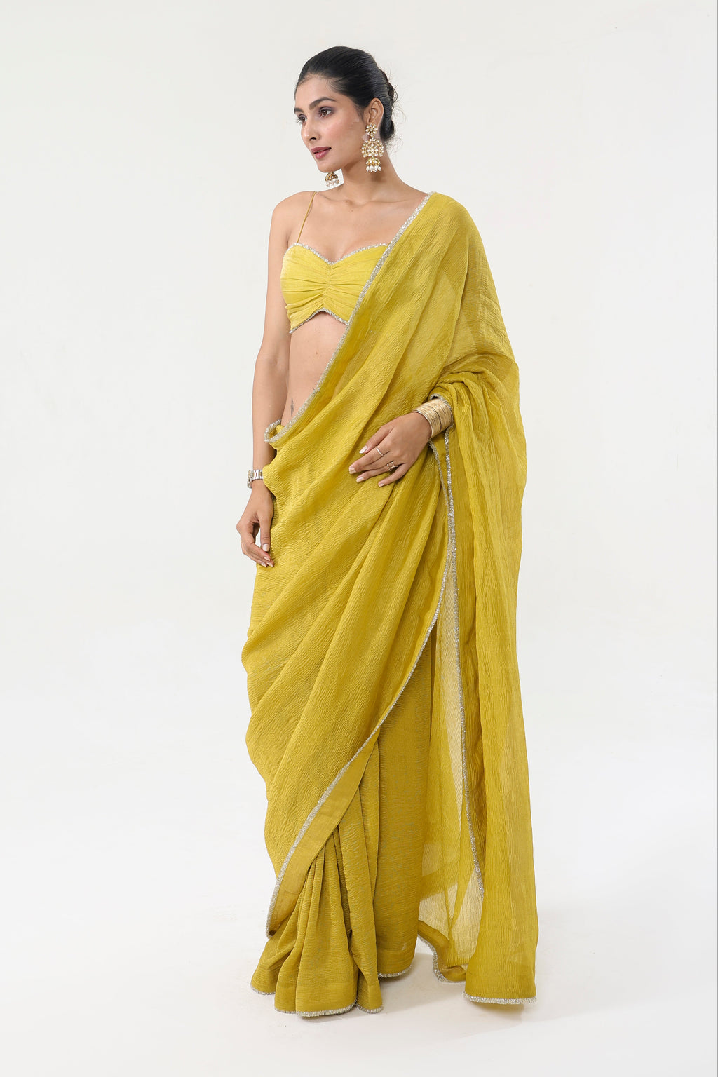 Gold Yellow Saree - side silhouette | Essence by Monika