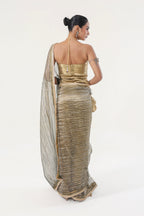 Green Metallic Tissue Organza Saree with Tilla Border - back view | Essence by Monika