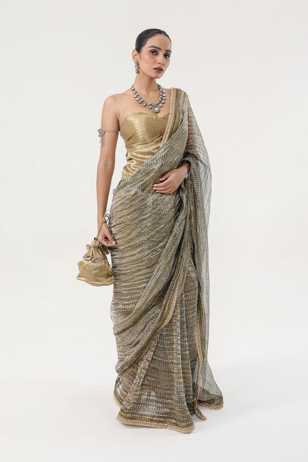 Green with metallic gold-silver Metallic woven tissue Organza + Golden Banarasi silk Saree - front view | Essence by Monika