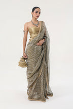 Green with metallic gold-silver Metallic woven tissue Organza + Golden Banarasi silk Saree - front view | Essence by Monika