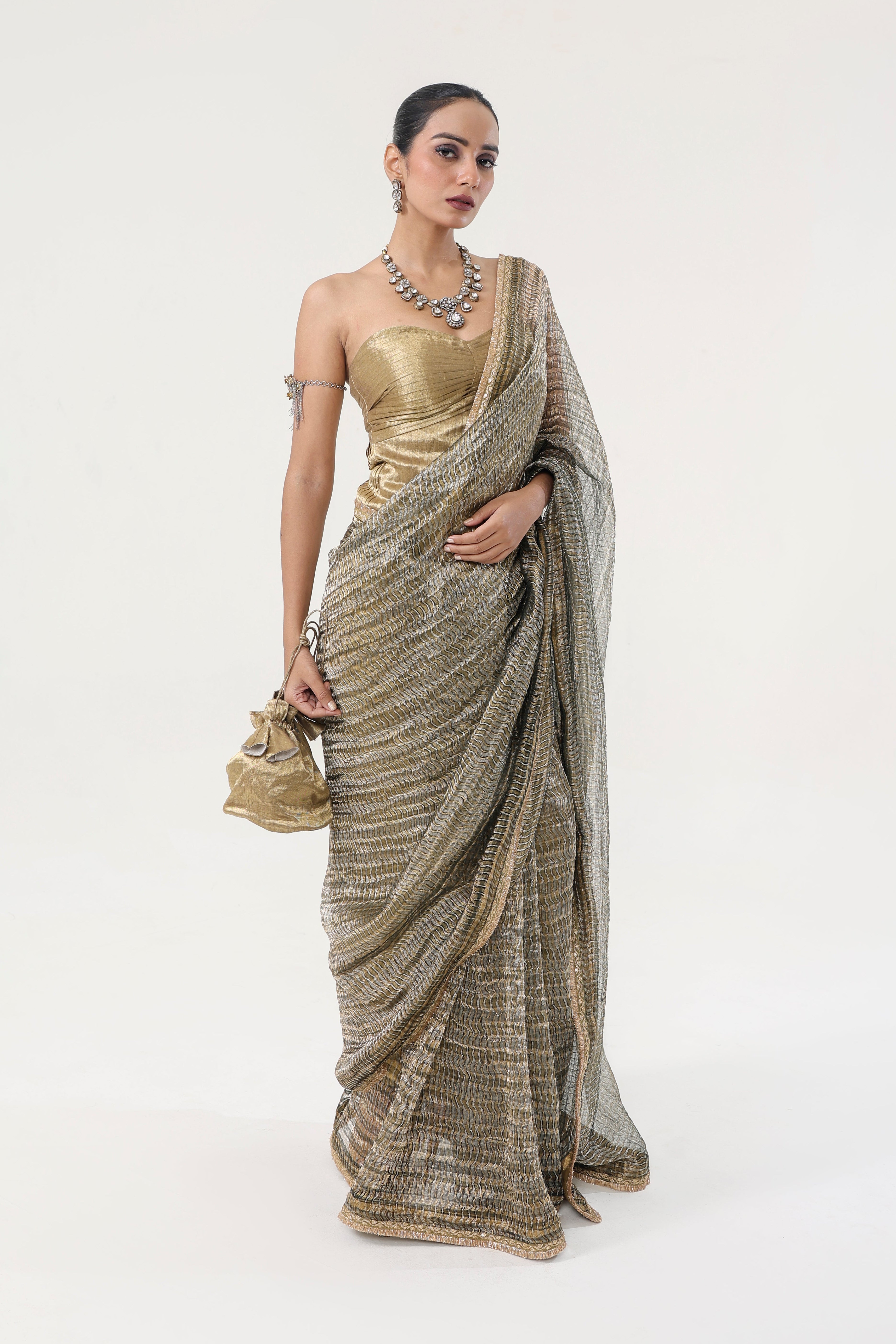 Green with metallic gold-silver Metallic woven tissue Organza + Golden Banarasi silk Saree - front view | Essence by Monika