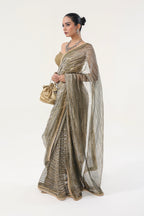 Green with metallic gold-silver Saree - side silhouette | Essence by Monika