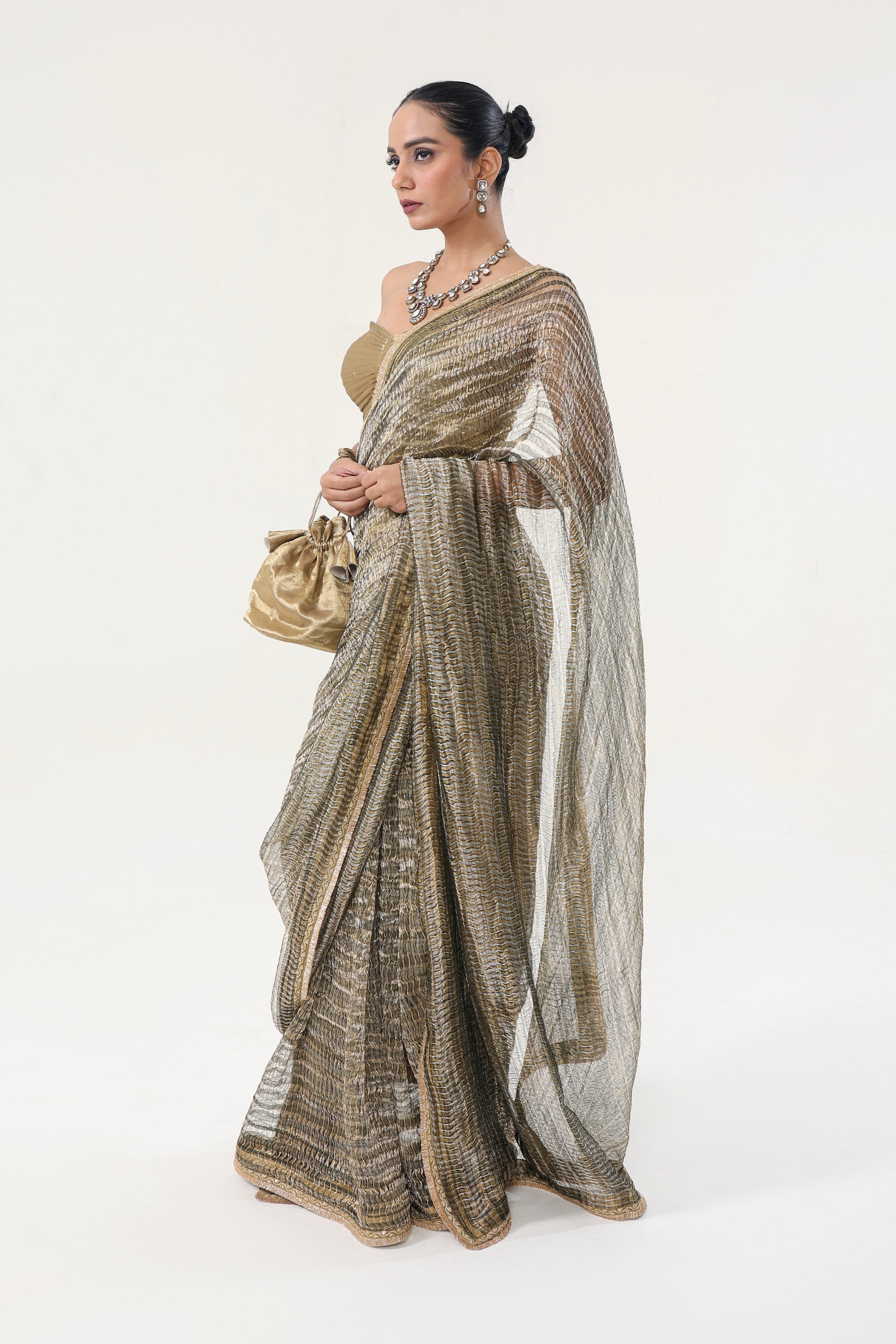 Green with metallic gold-silver Saree - side silhouette | Essence by Monika