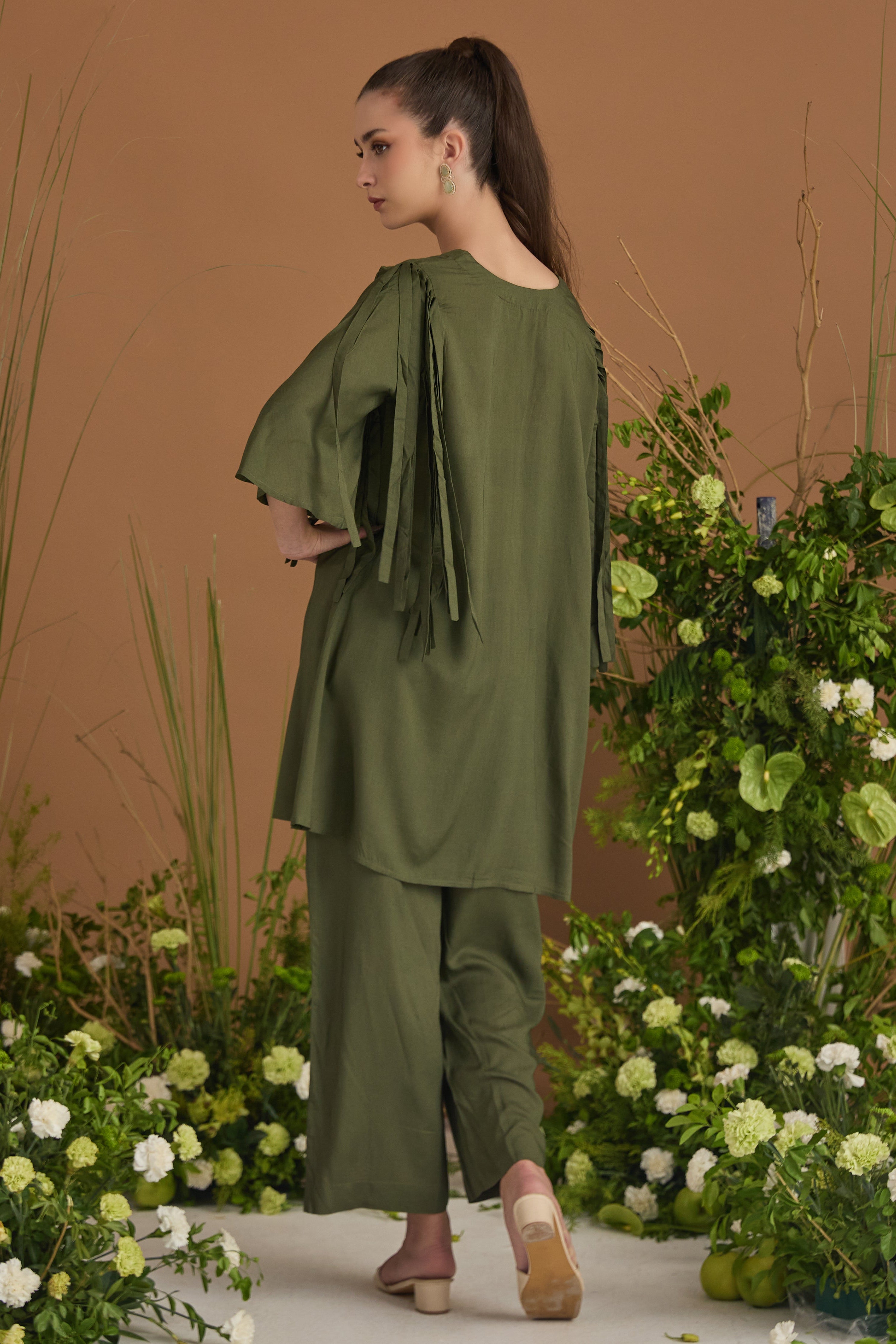 Green Modal Cotton Floral Co-ord with Fringe Detail - back view | Essence by Monika