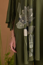 Green Modal Cotton Floral Co-ord with Fringe Detail - fabric and embroidery detail | Essence by Monika