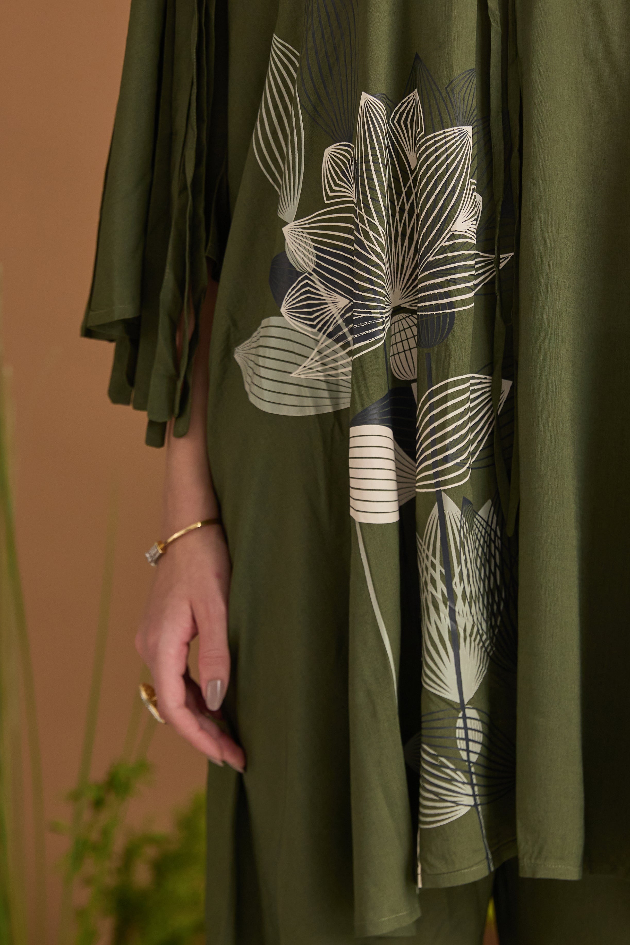 Green Modal Cotton Floral Co-ord with Fringe Detail - fabric and embroidery detail | Essence by Monika