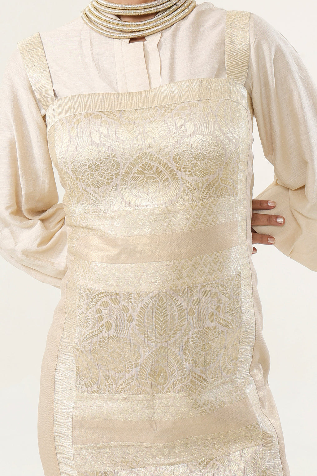 Kora Munga Shirt with Banarsi Silk Short Dress - fabric and embroidery detail | Essence by Monika