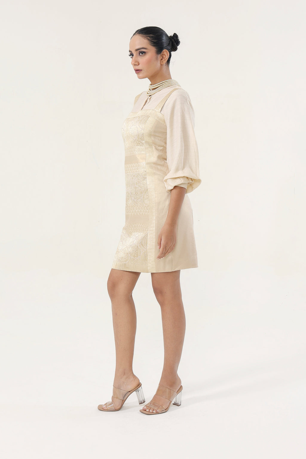 Natural gold Munga + Banarsi Co-ord Set - side silhouette | Essence by Monika