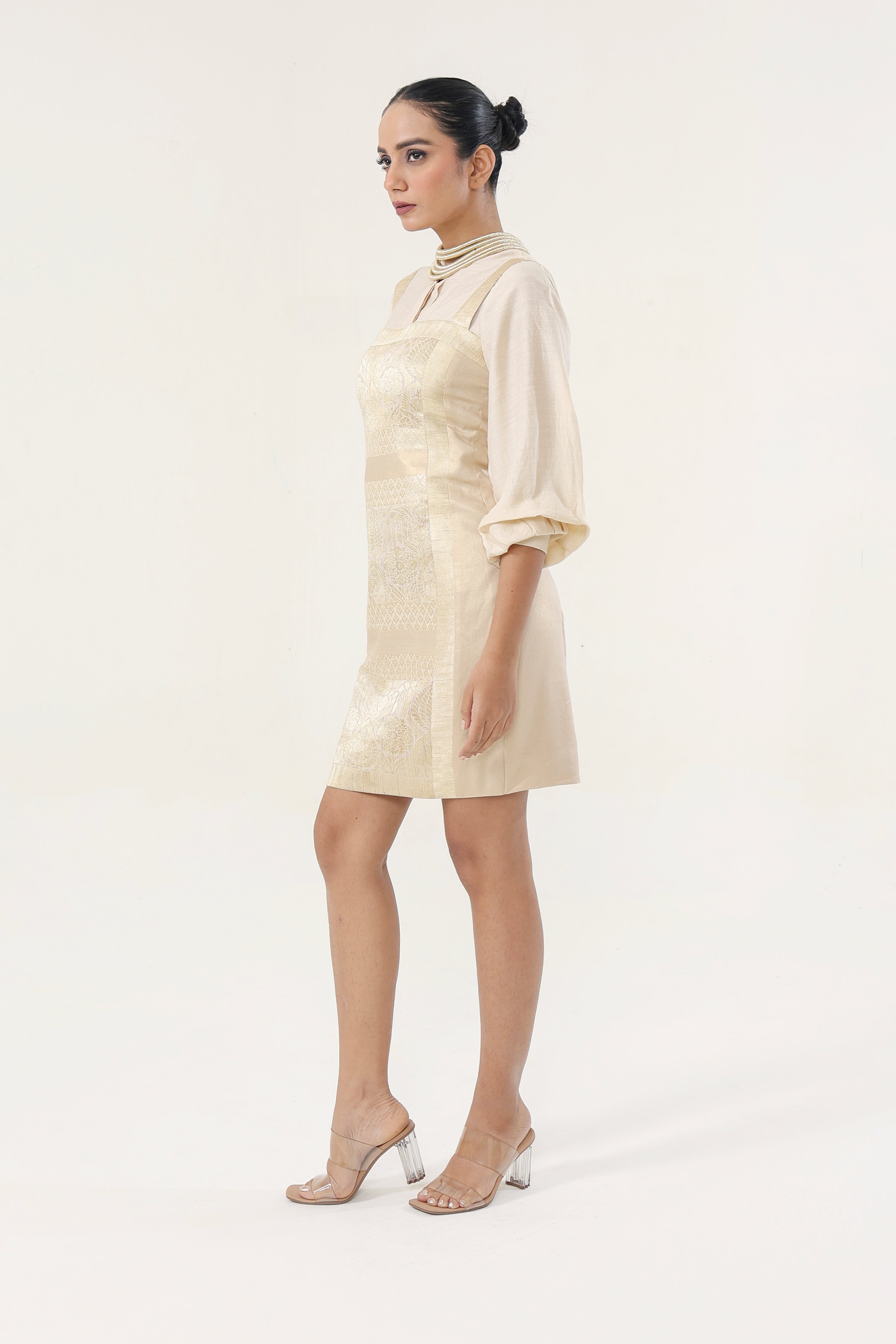 Natural gold Munga + Banarsi Co-ord Set - side silhouette | Essence by Monika