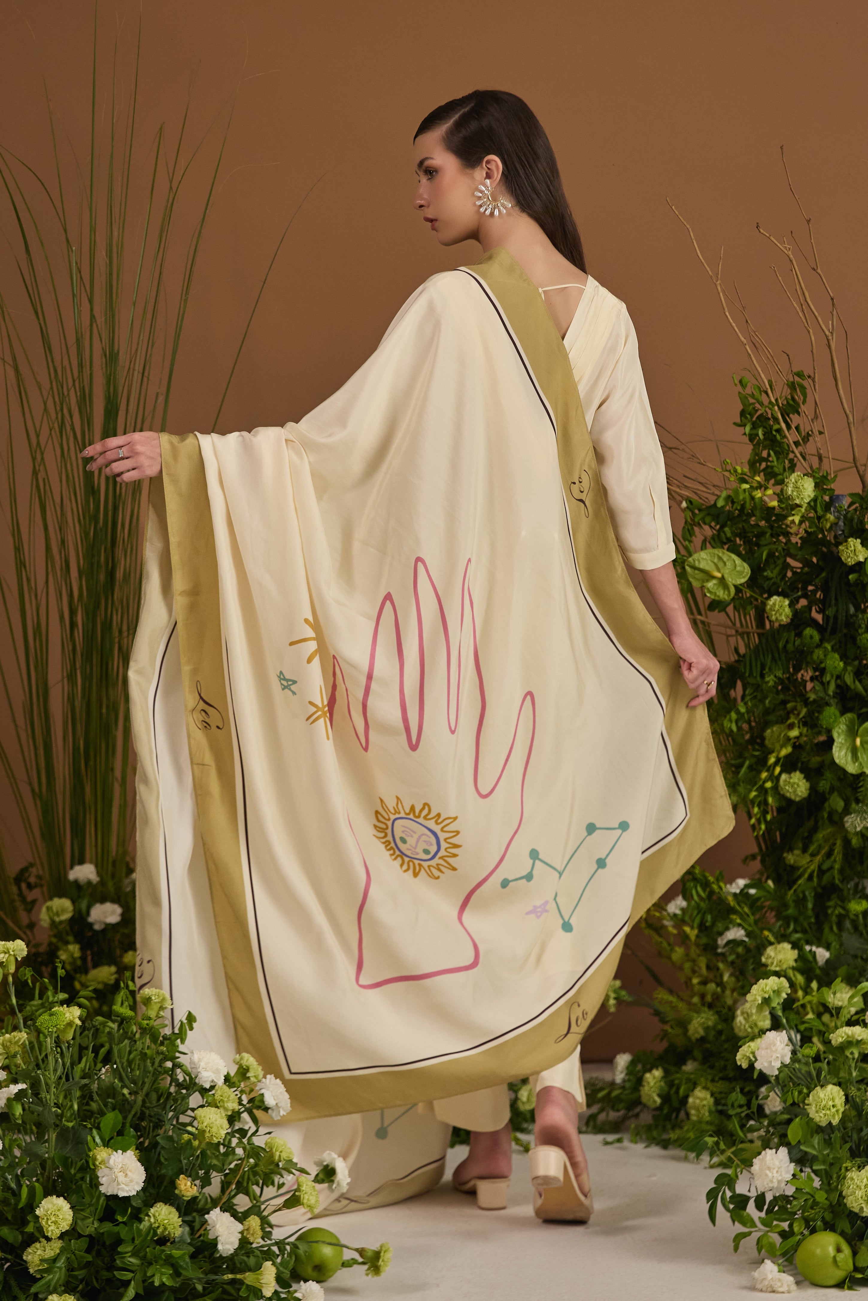 Leo Habotai Silk Zodiac Dupatta - back view | Essence by Monika