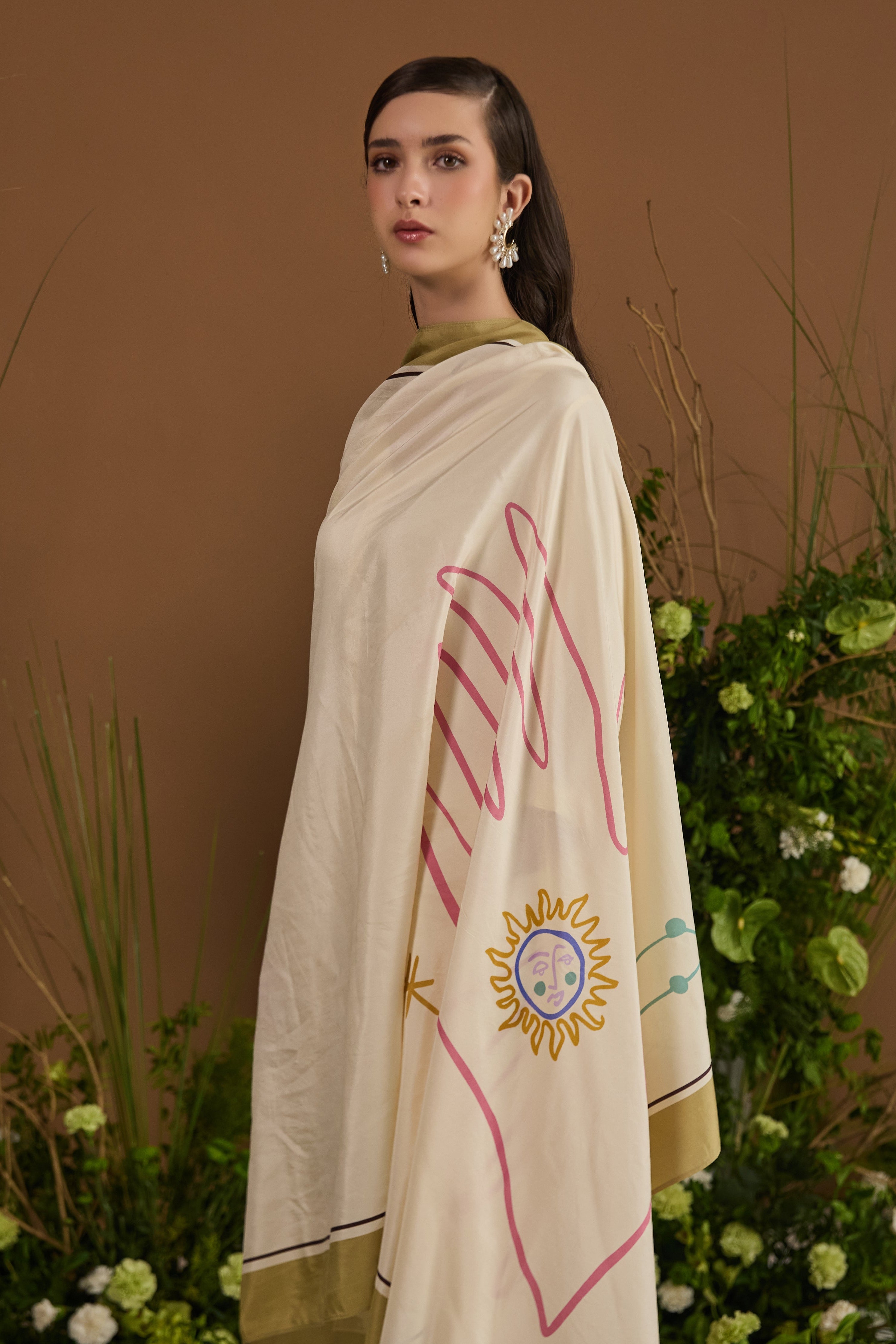 Leo Habotai Silk Zodiac Dupatta - fabric and print close up detail | Essence by Monika