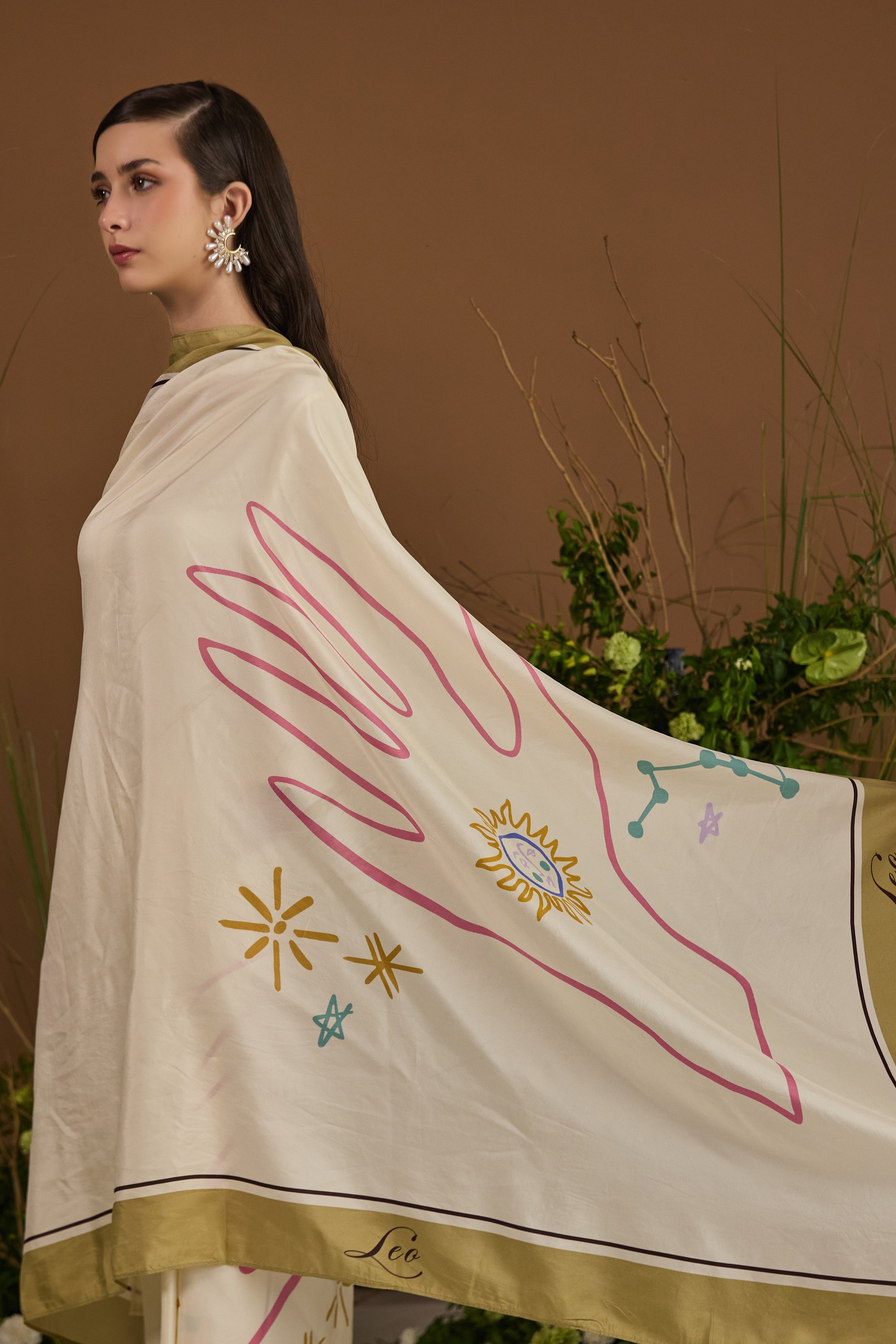 Leo Habotai Silk Zodiac Dupatta - fabric and print detail | Essence by Monika