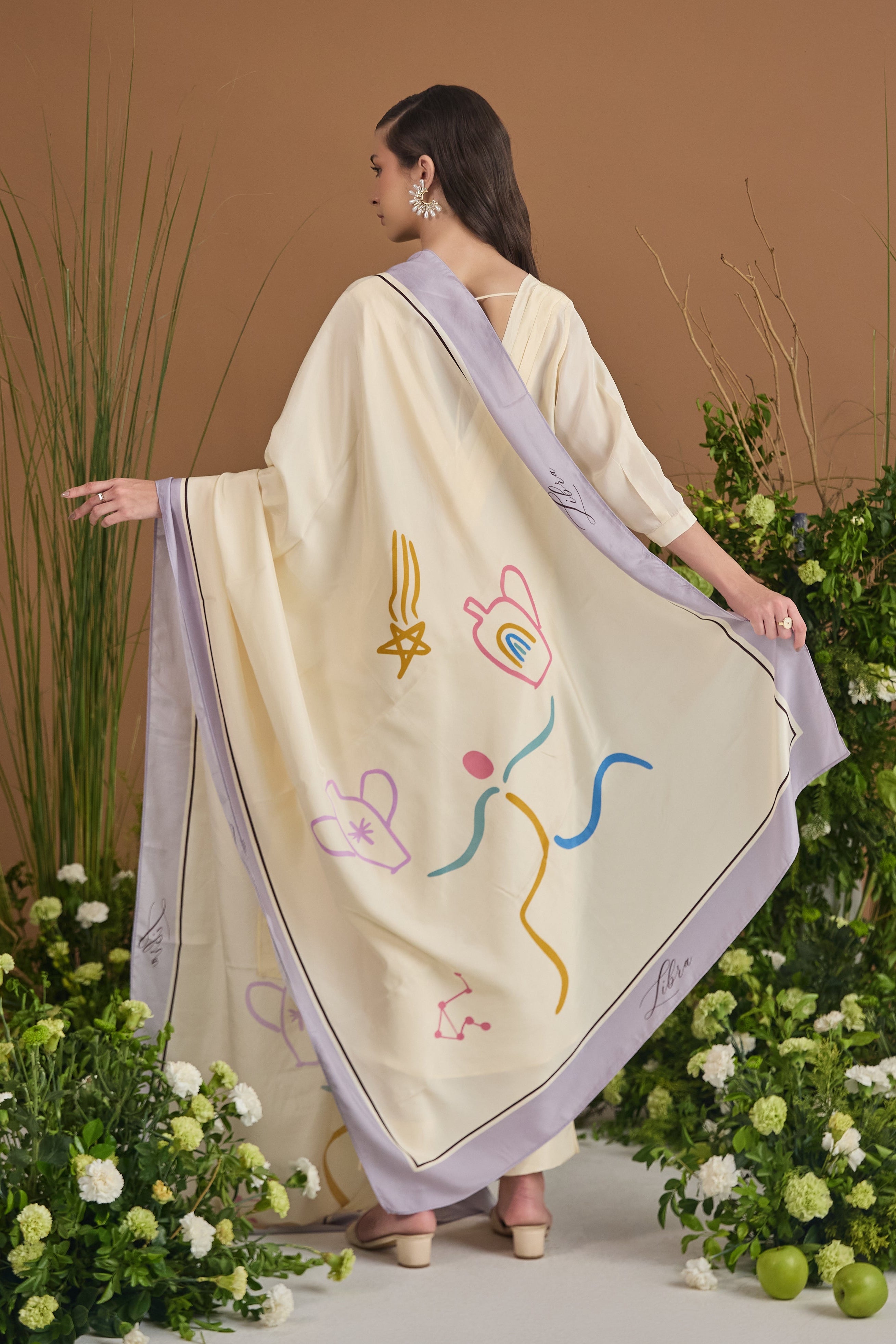 Libra Habotai Silk Zodiac Dupatta - back view | Essence by Monika