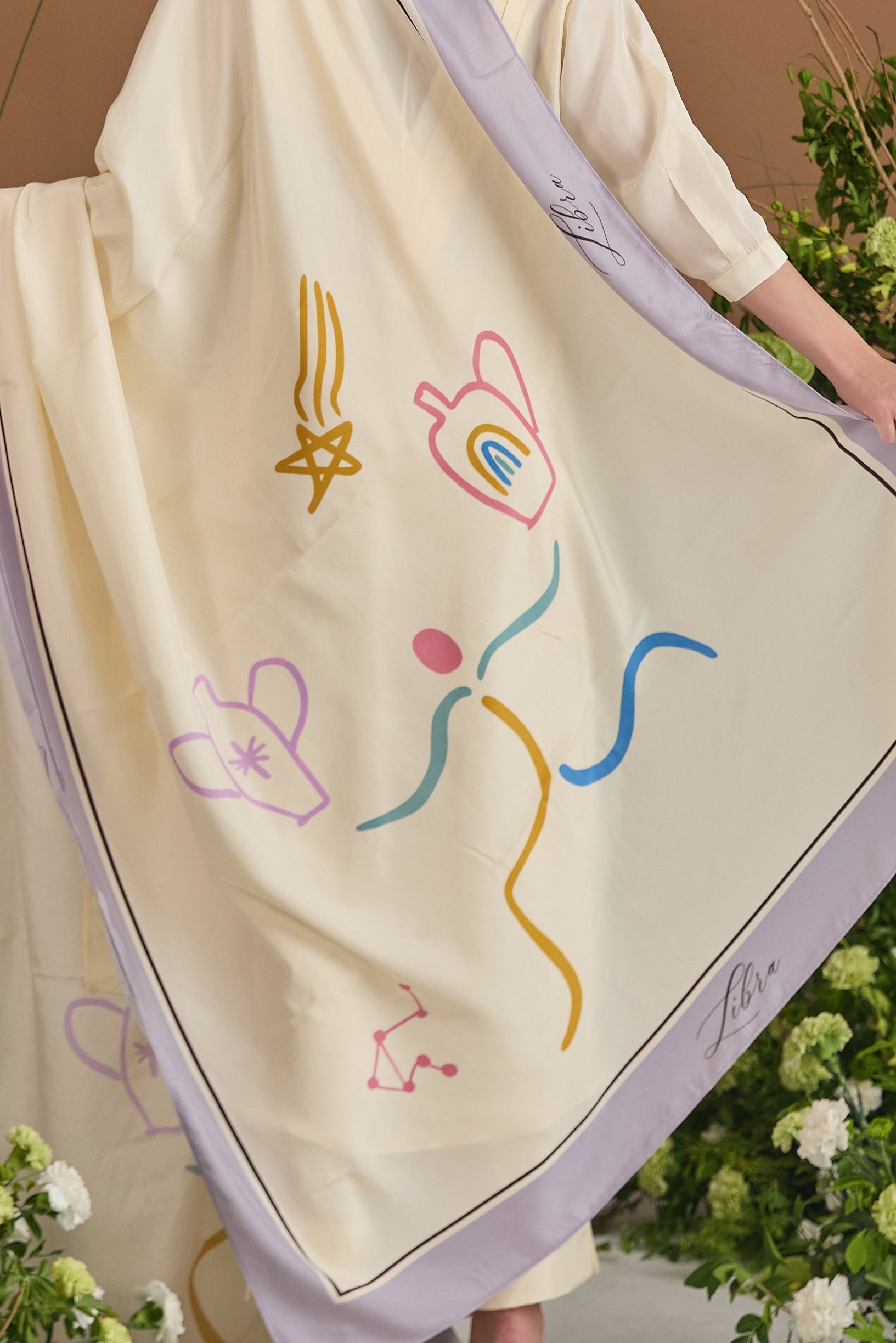 Libra Habotai Silk Zodiac Dupatta - fabric and print detail | Essence by Monika