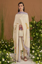 Champagne with lavender border 100% pure Habotai silk Dupatta - front view | Essence by Monika
