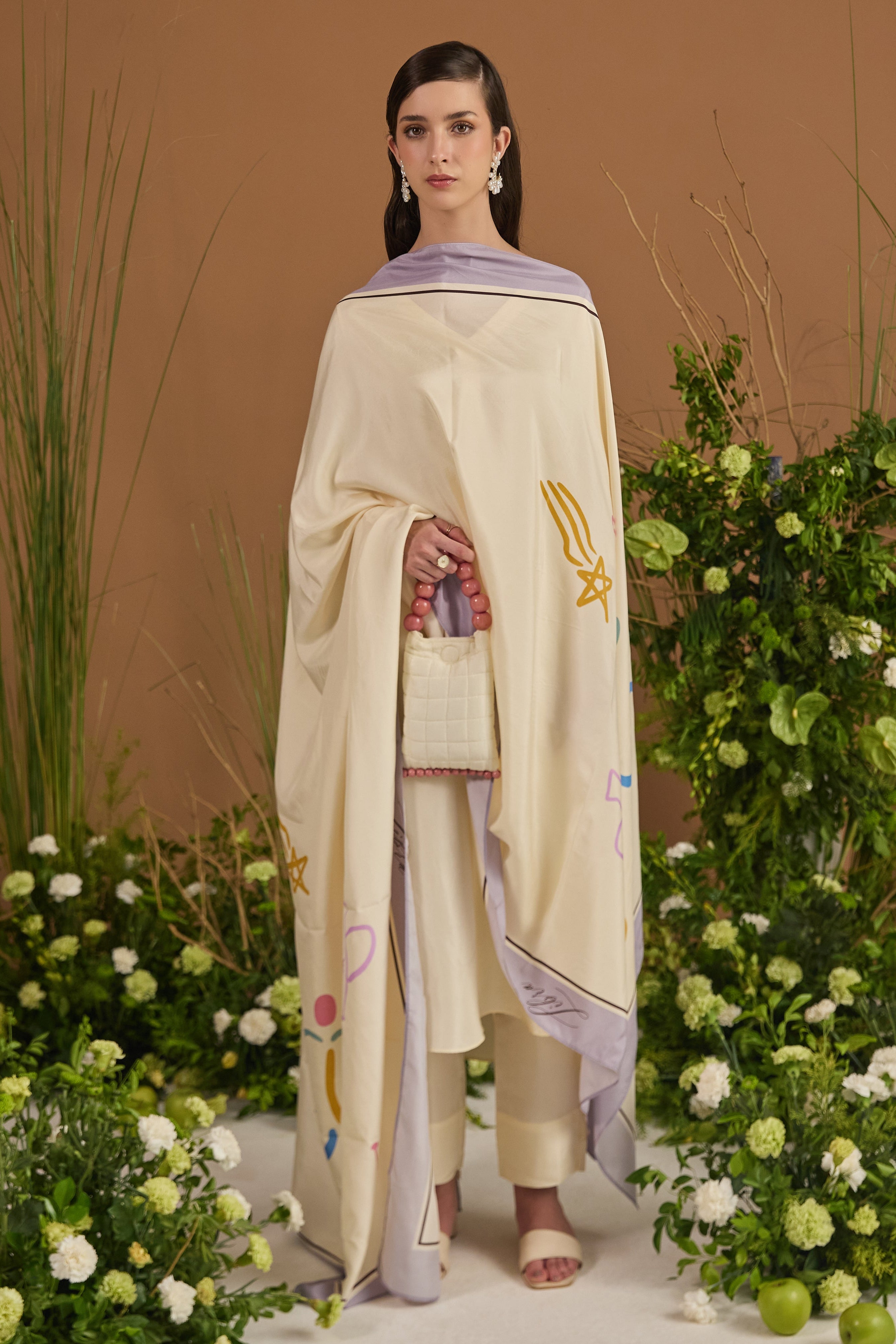 Champagne with lavender border 100% pure Habotai silk Dupatta - front view | Essence by Monika
