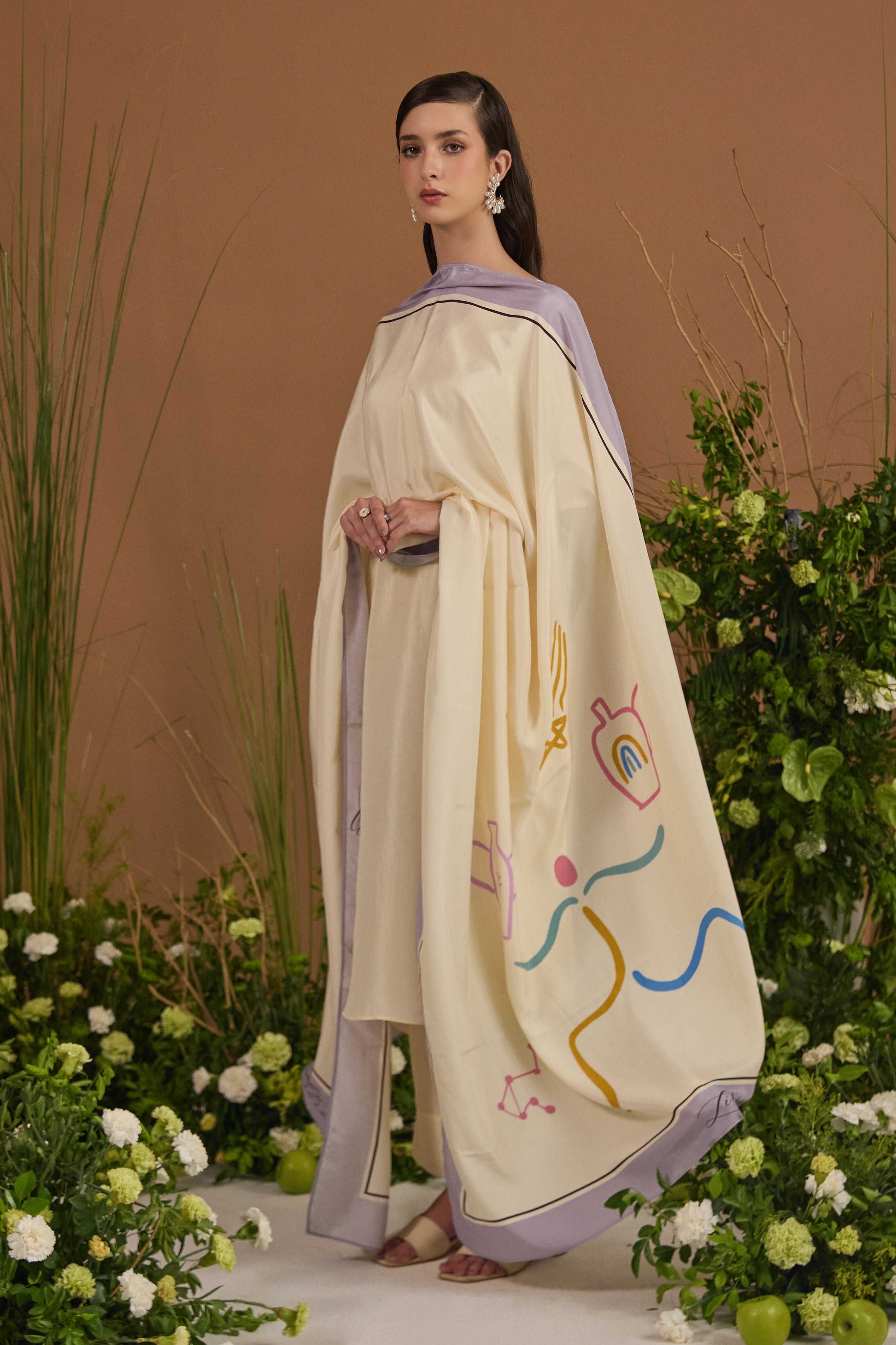 Champagne with lavender border Dupatta - side silhouette | Essence by Monika