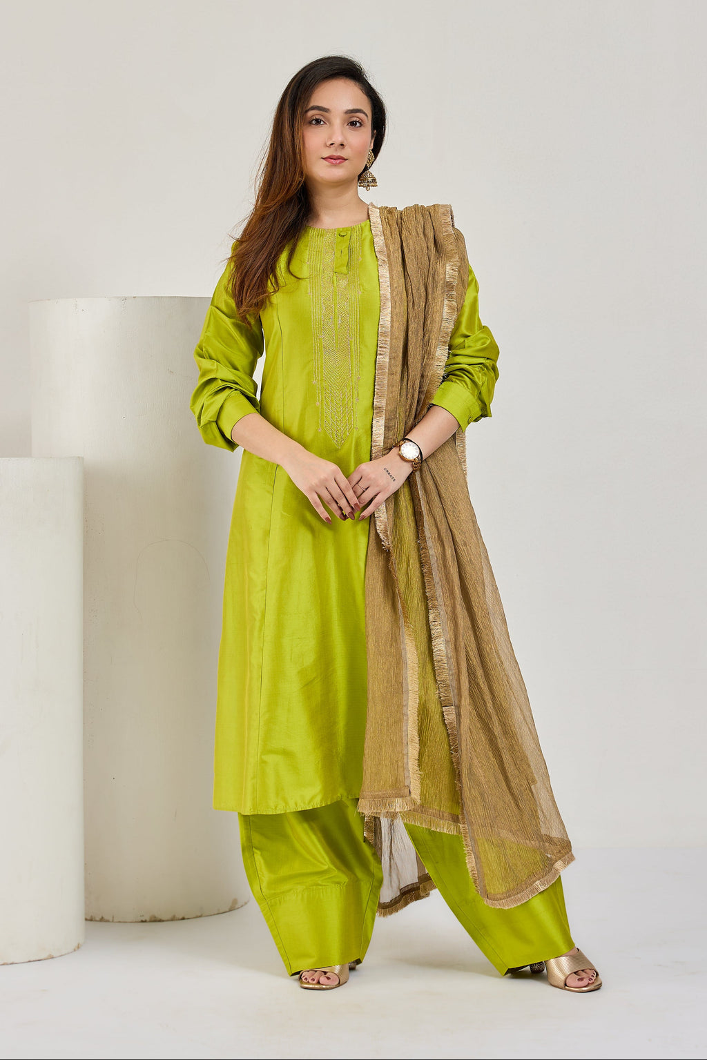 Lime green Katan silk kurta set with cocoon pants and crushed tissue dupatta, front view