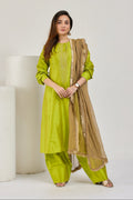 Lime green Katan silk kurta set with cocoon pants and crushed tissue dupatta, front view