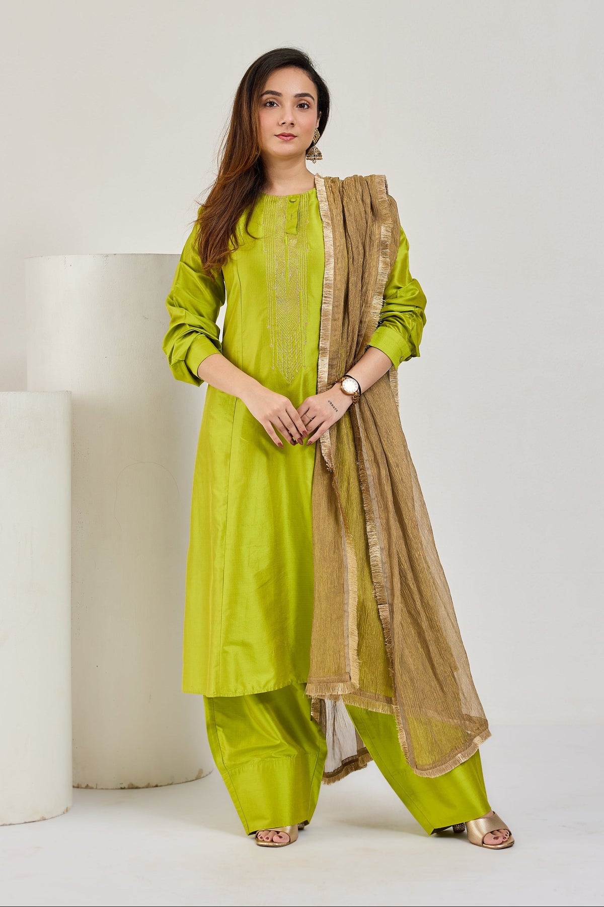 Lime green Katan silk kurta set with cocoon pants and crushed tissue dupatta, front view
