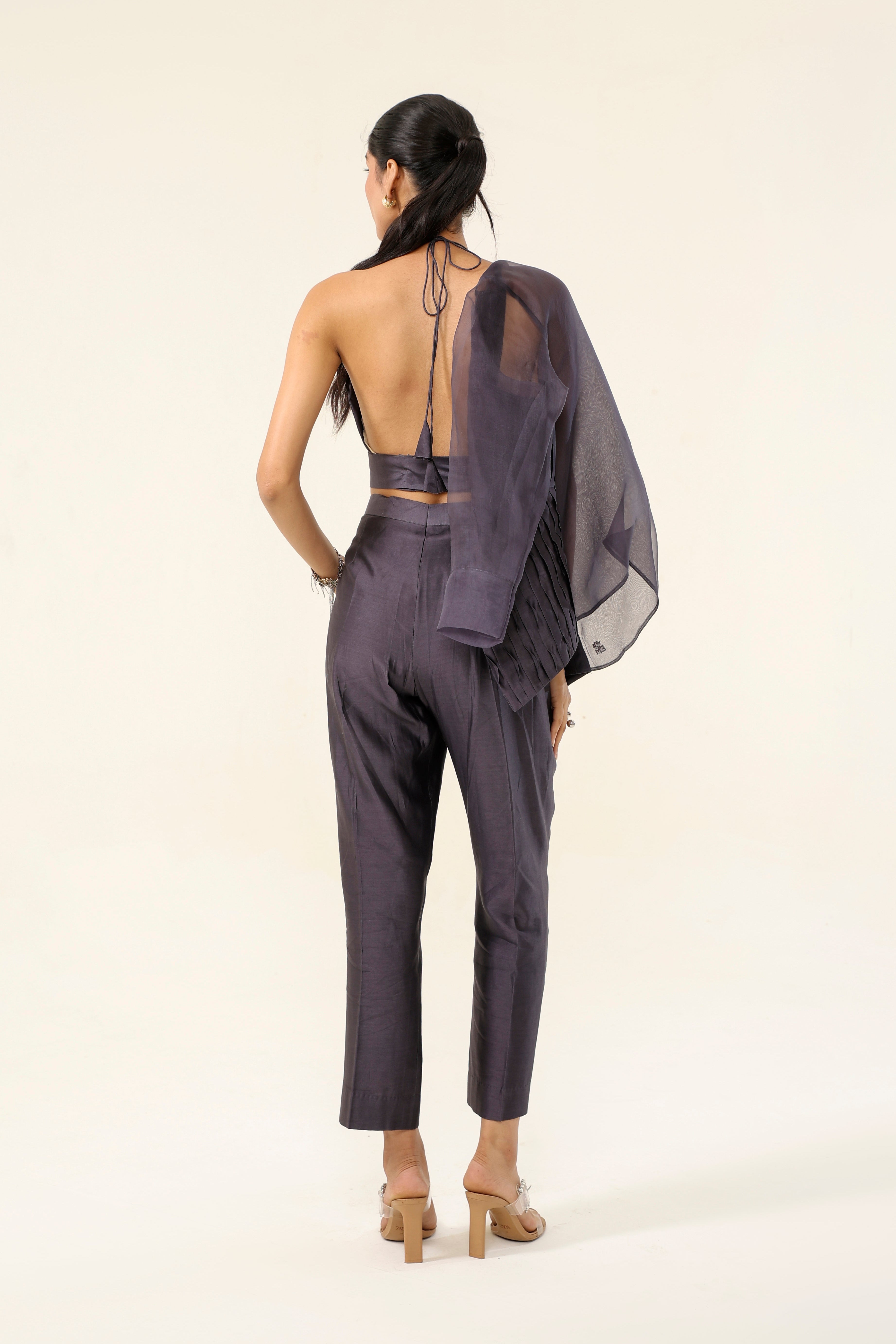 Mauve Grey Pleated Short Coat - back view | Essence by Monika