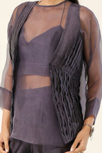 Mauve Grey Pleated Short Coat - fabric and embroidery detail | Essence by Monika