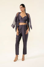 Mauve Grey Chanderi + Organza Co-ord Set drape over shoulder - front view | Essence by Monika