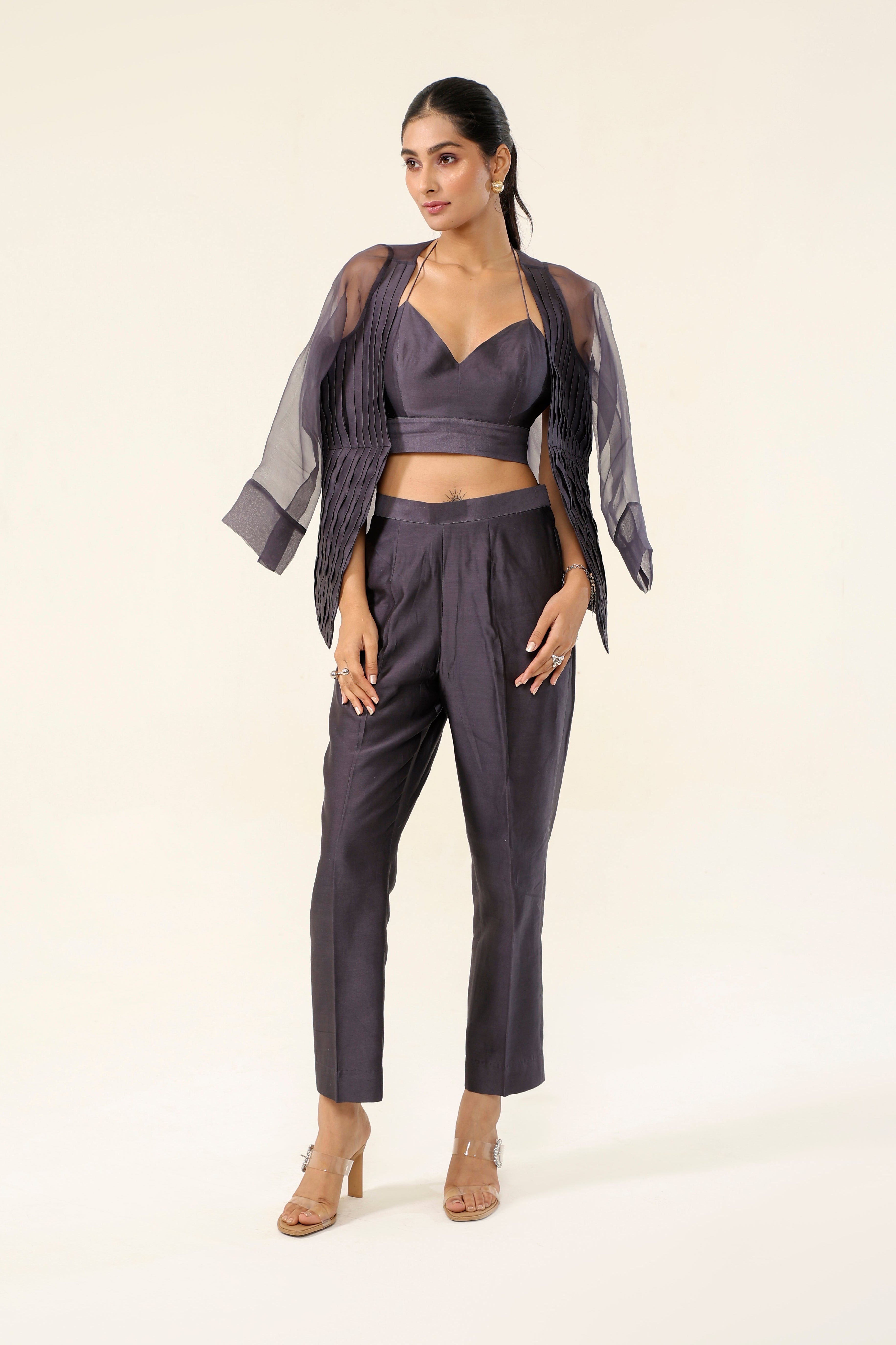 Mauve Grey Chanderi + Organza Co-ord Set drape over shoulder - front view | Essence by Monika